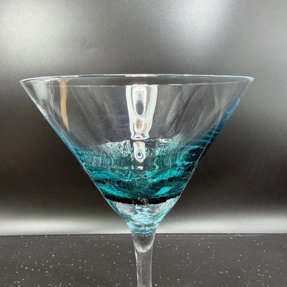 Pier 1 Teal Blue Crackle Glass Martini Glasses Cocktail Stemware‎ Cups Set of 2